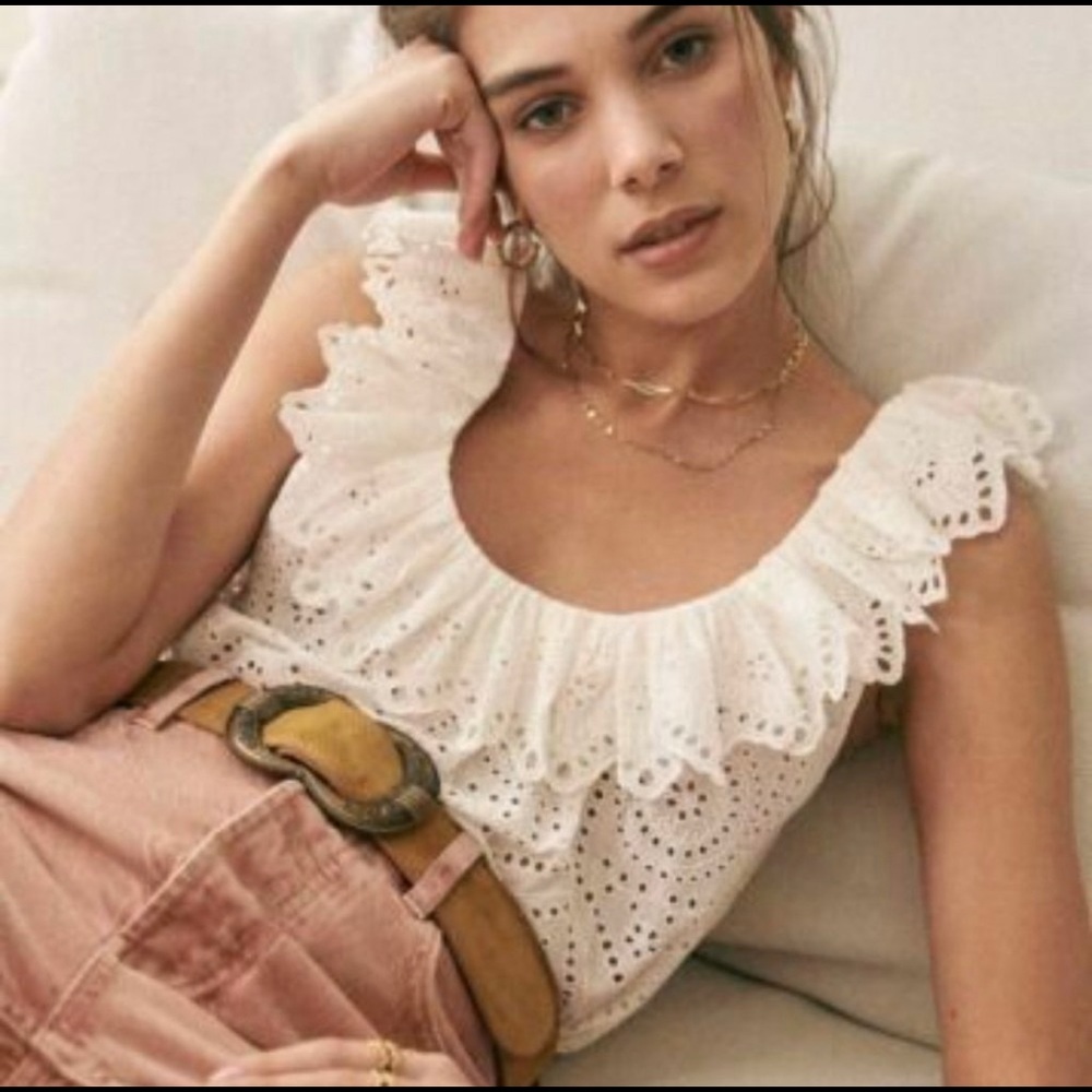 Sezane Rosa Tank Embroidered Ruffle Organic Cotton Blouse